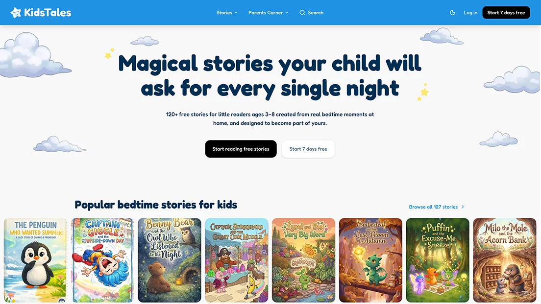 A Kids Tales story page with auto-read switched on