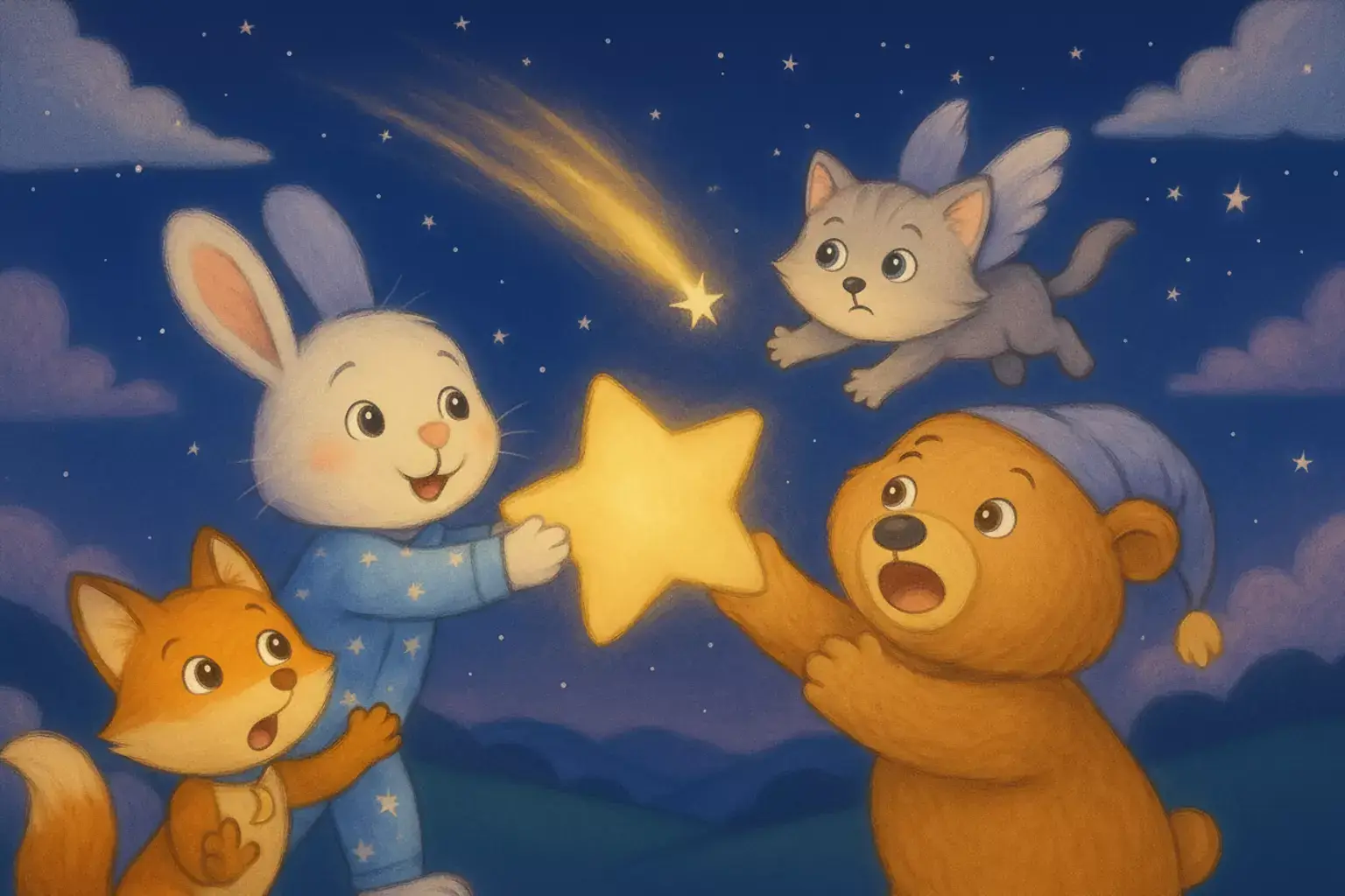 Laffari scene: a bunny in pajamas and a sleepy bear reaching for a star