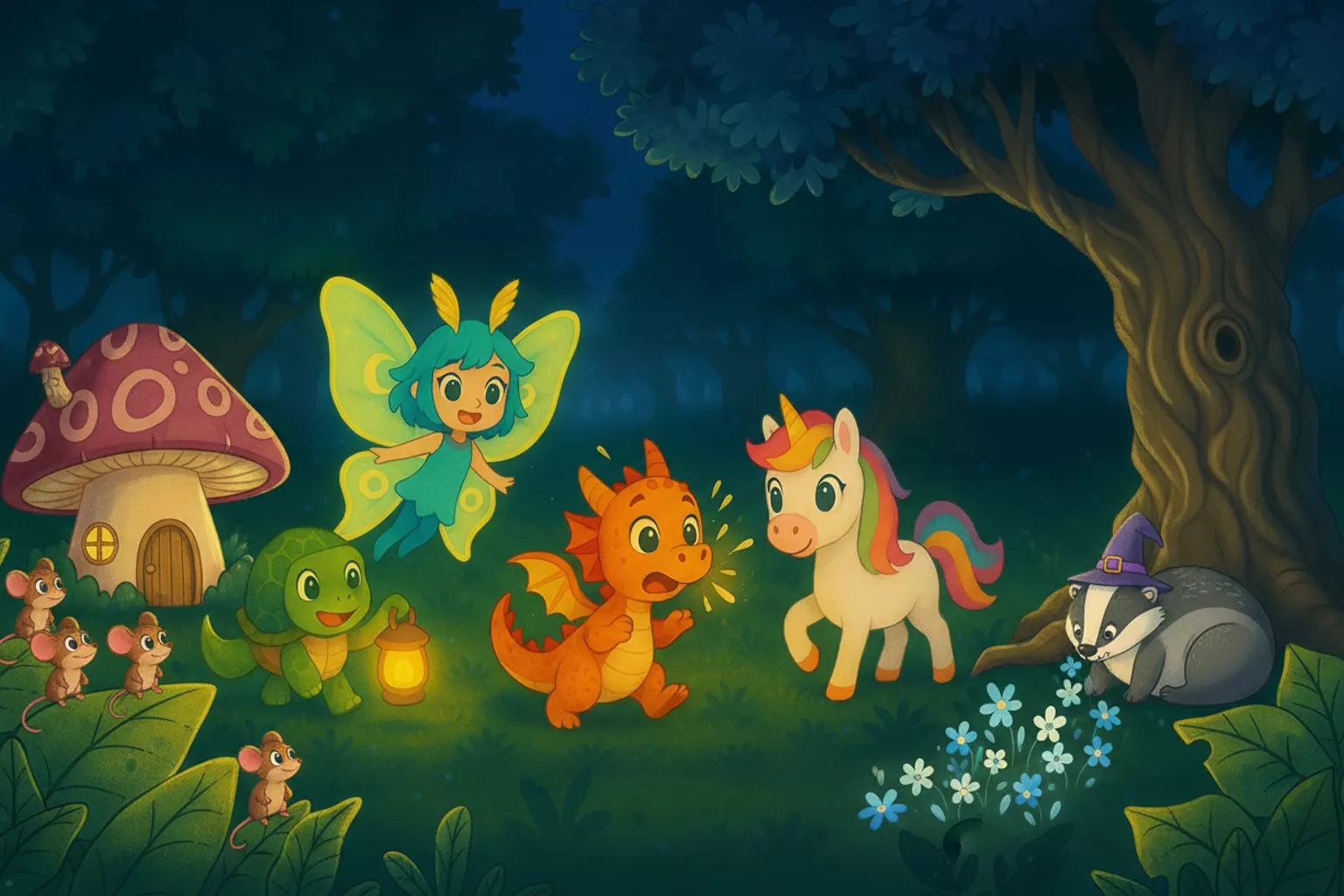 Laffari scene: a fairy, a little dragon and a unicorn in a night forest