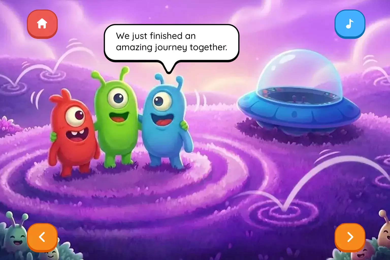 Laffari scene: three friendly aliens in a spaceship