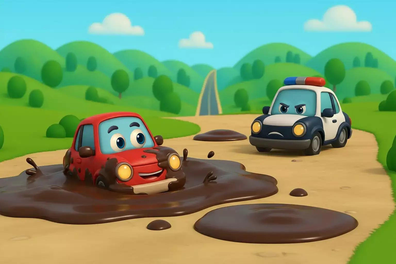 Laffari scene: a little red car and a police car on a muddy road